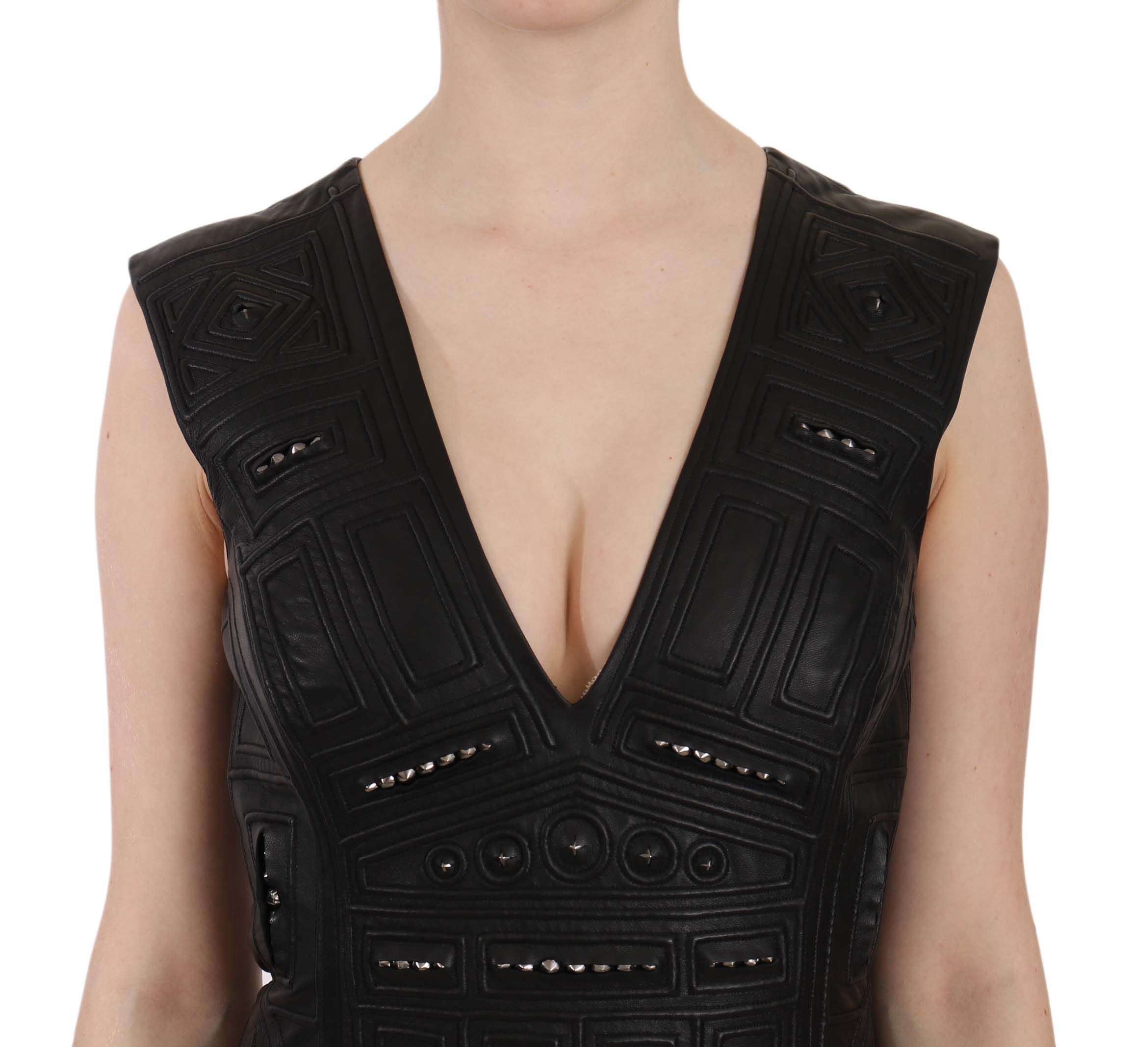 Studded Black Leather Mini Sheath Dress