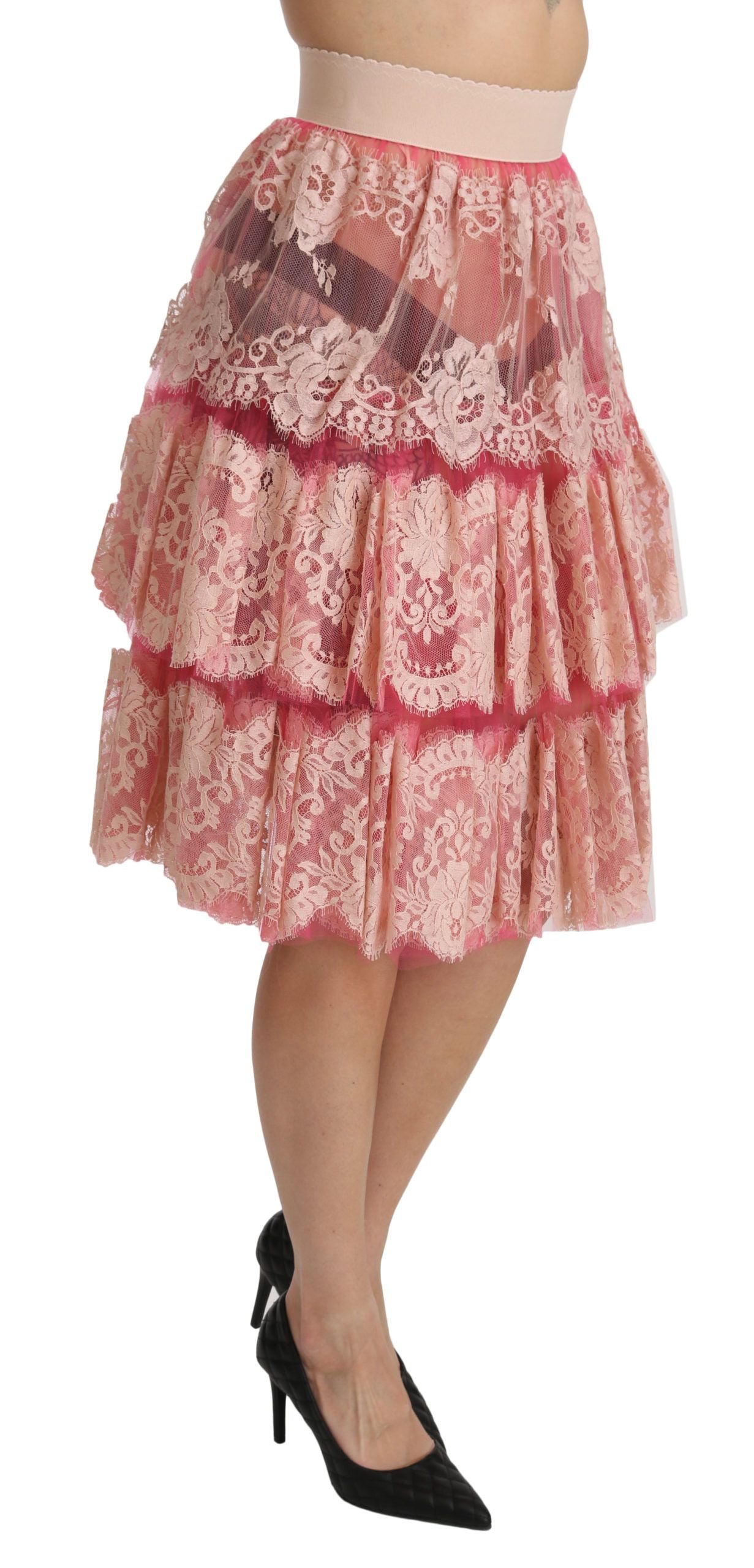 Elegant Pink Lace High-Waist Skirt