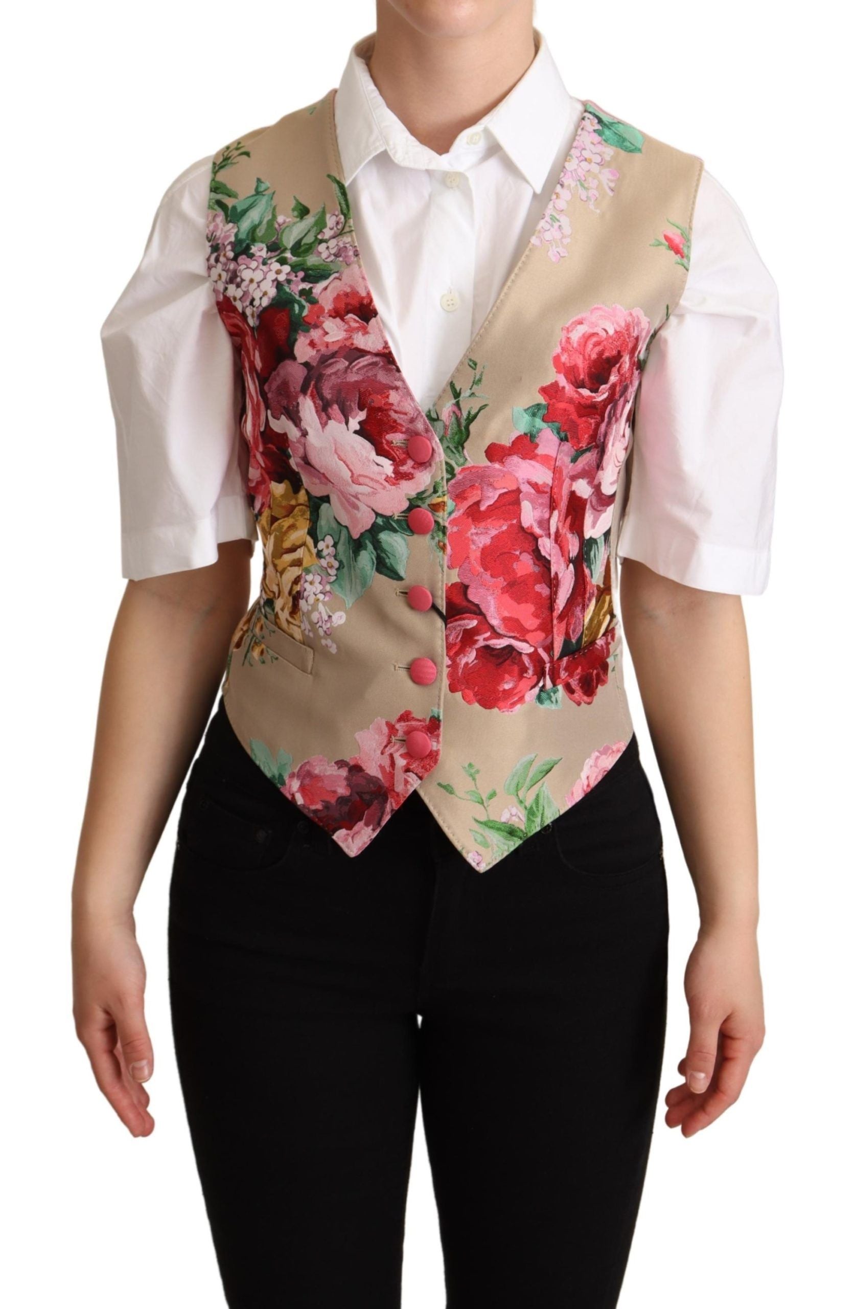 Elegant Floral Beige Sleeveless Vest