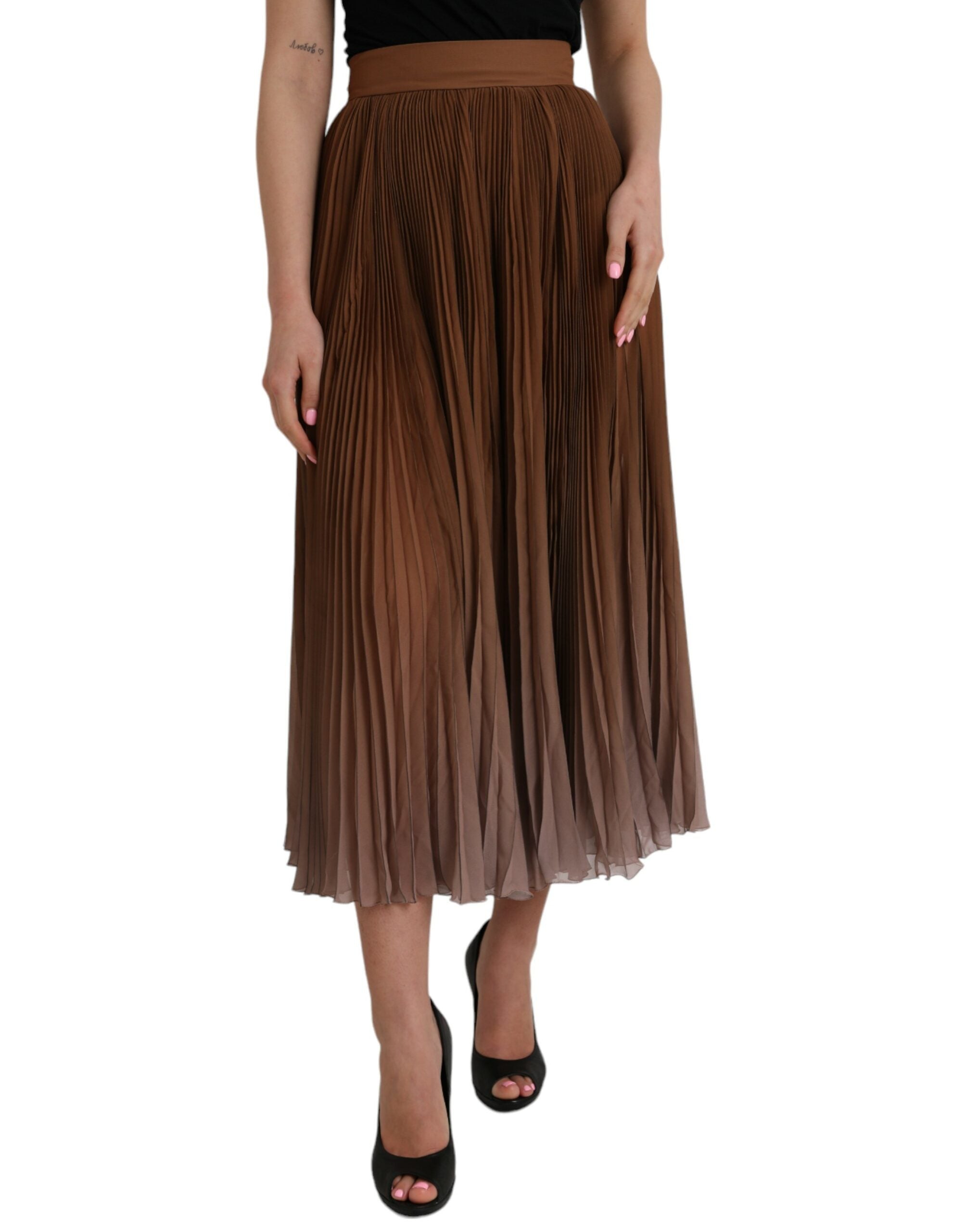 Brown Polyester Pleated High Waist Midi Skirt