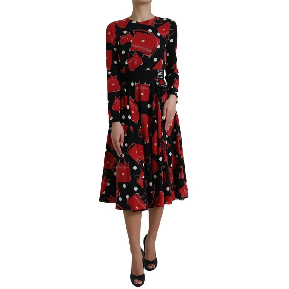 Black Sicily Bag Print Flared Midi Dress