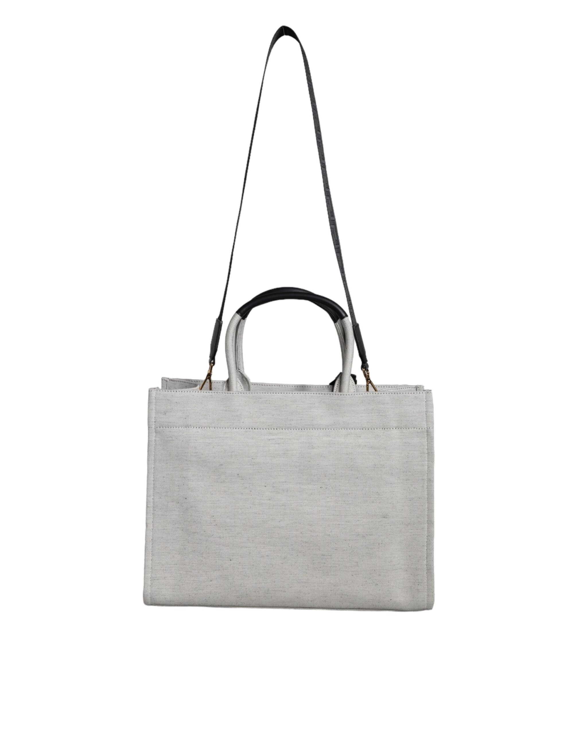 White Top Handle Canvas Leather Logo Crossbody Tote Bag