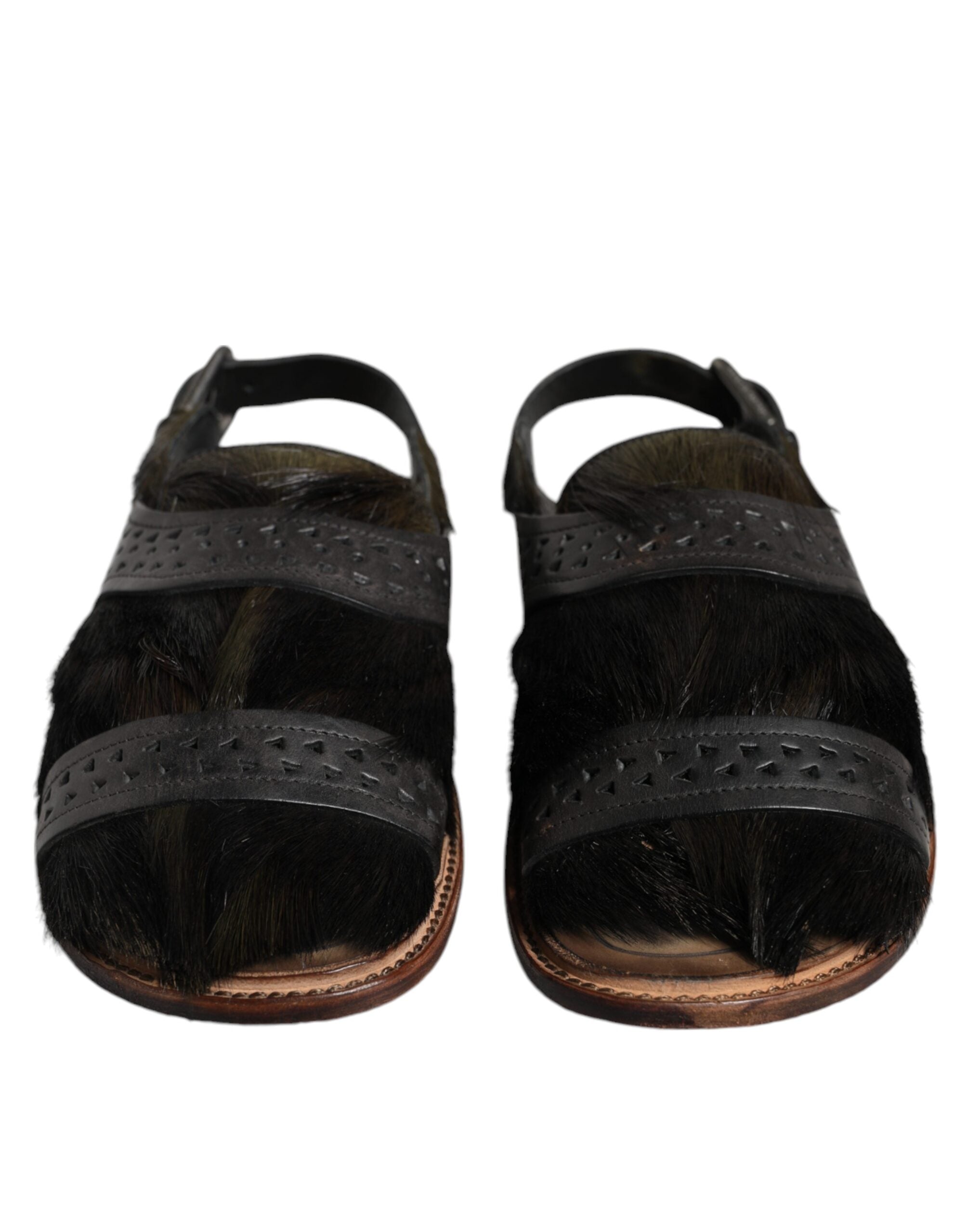 Black Gazelle Hair Leather Flats Sandals Shoes