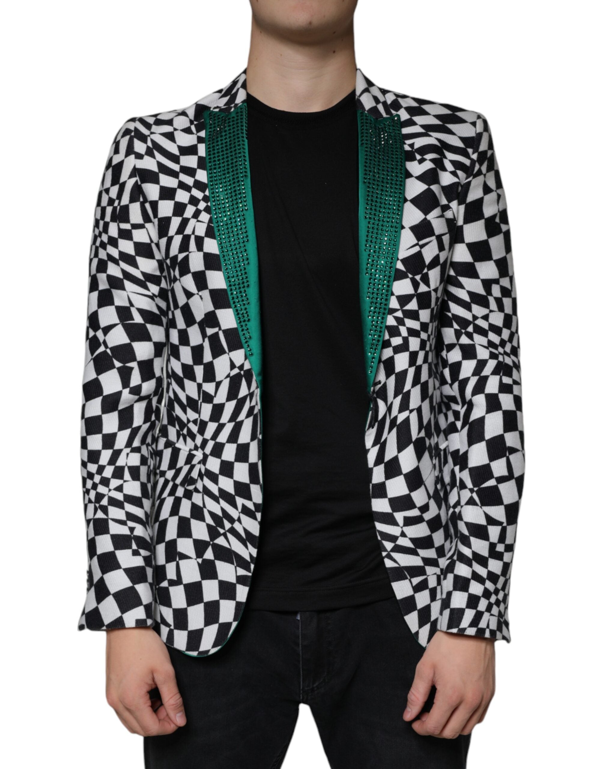 Black White Checkered Crystal Single Breasted Blazer