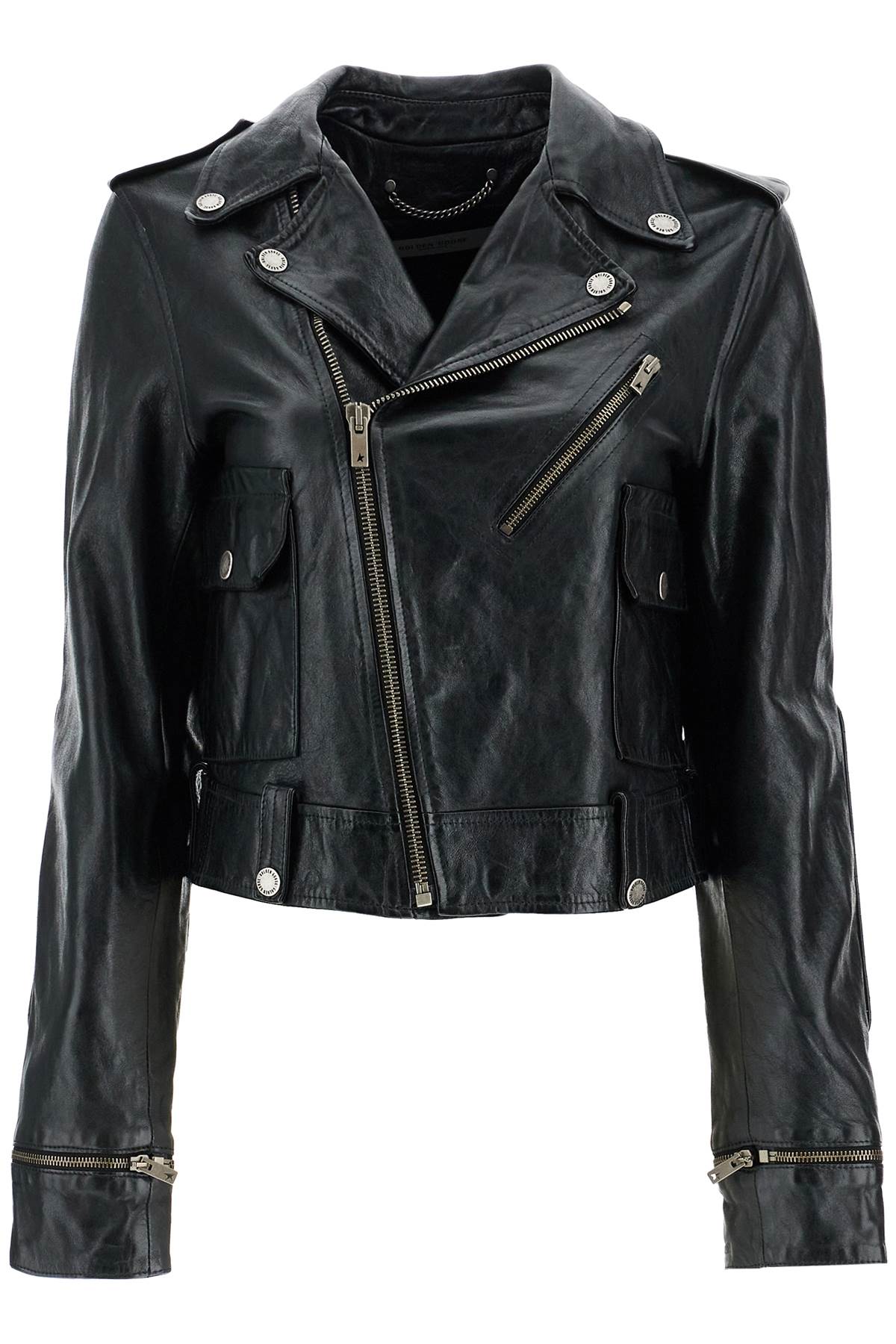 Golden Goose shiny black sheepskin biker jacket with sturdy zip