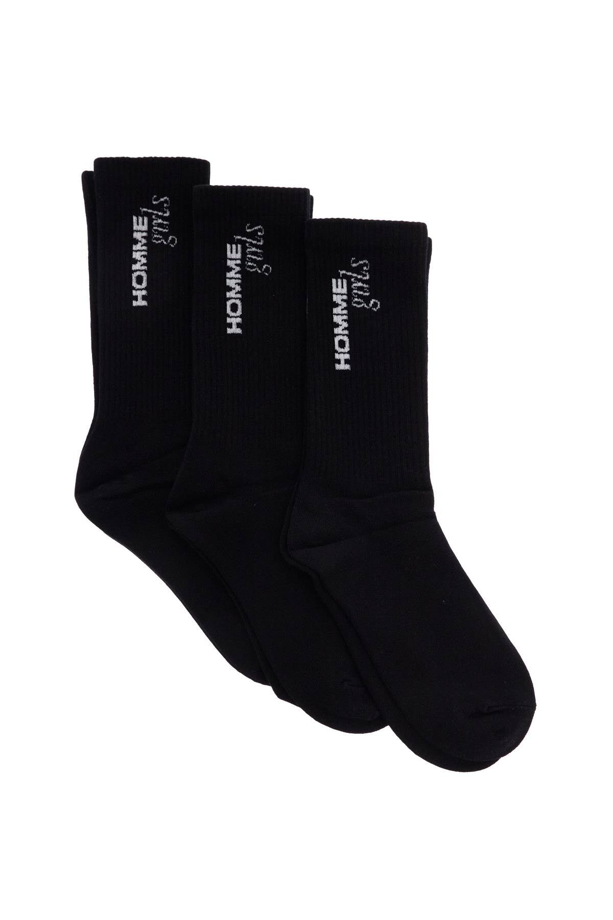 Homme Girls black medium cotton socks pack of 3 with embroidered logo