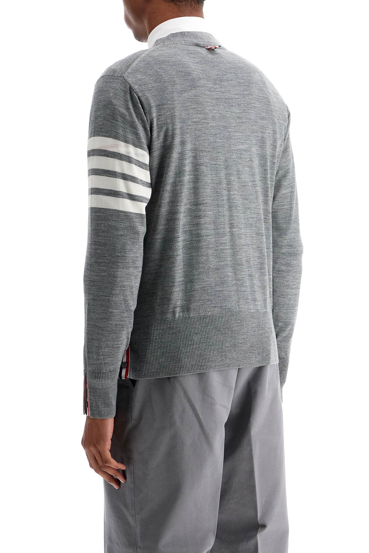 Thom Browne men's cardigan in pale grey merino wool with 4 white stripes