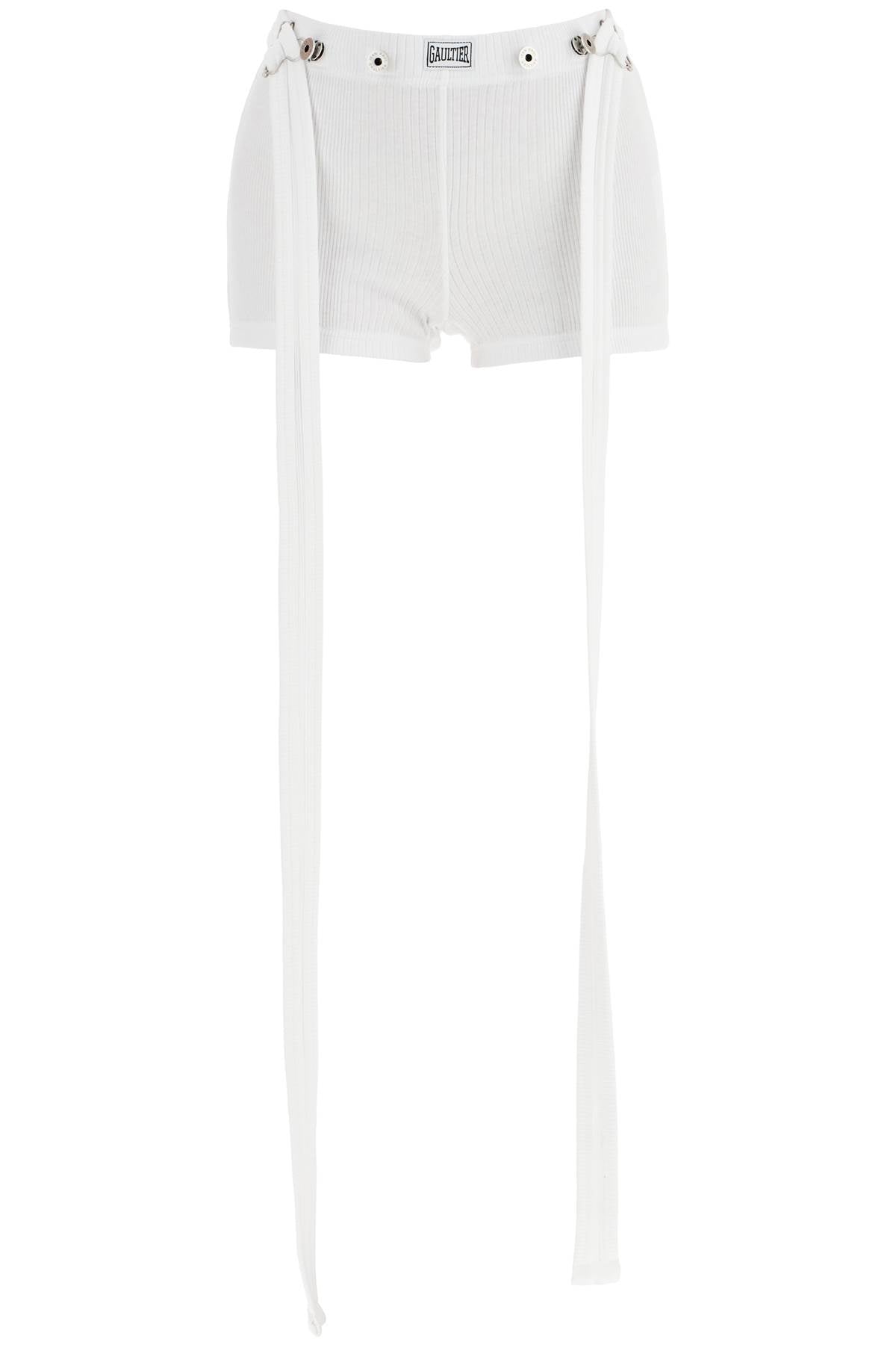 JEAN PAUL GAULTIER white cotton shorts with logo patch*** ribbed fabric*** above the knee